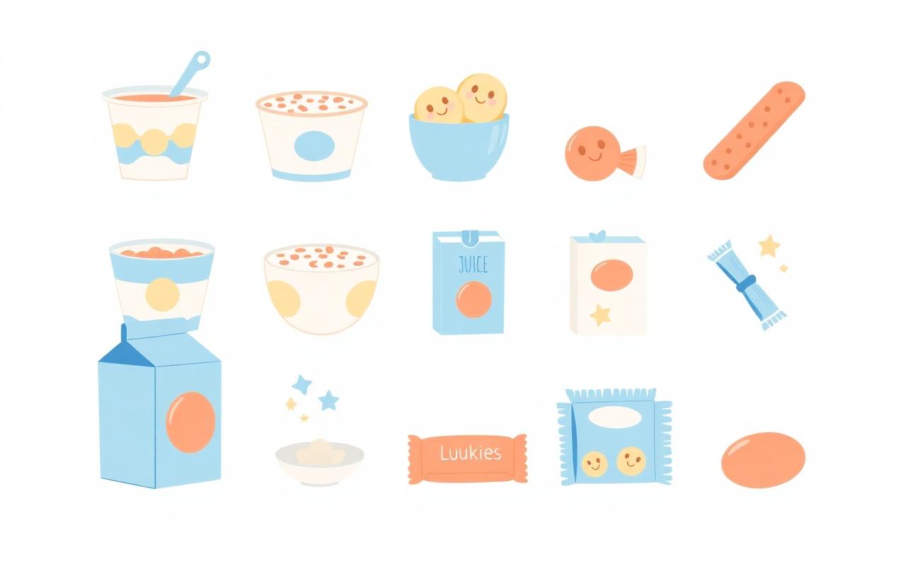 Illustration of everyday kids foods: yogurt, cereal, juice, cookies, snack bars, candy and lunchbox items